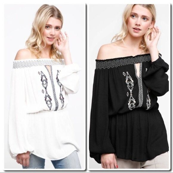 boho Off Shoulder Embroidered Blouse White & Black - Picture 1 of 10